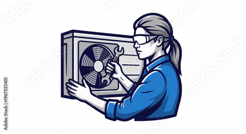 Mechanic girl with wrench repairs air conditioner unit