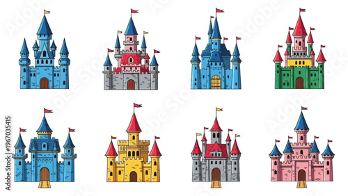Colorful Cartoon Castles Set Featuring Various Architectural Styles and Bright Colors for Kids and