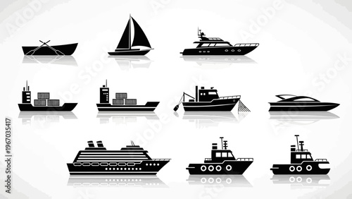 Collection of Various Types of Boats and Ships in Silhouette Style