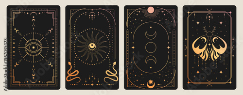 Mystical tarot card back with celestial sun, moon and stars in ornate golden frame, vector illustrations. Esoteric borders with magic symbols, spiritual snake, butterfly patterns for horoscope design