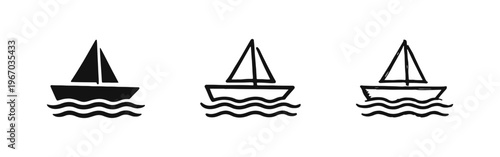 Set of three hand-drawn sailboat icons in different styles, black and white vector illustration for maritime design.