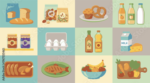 Variety of Groceries and Fresh Food Products in Flat Design Grid
