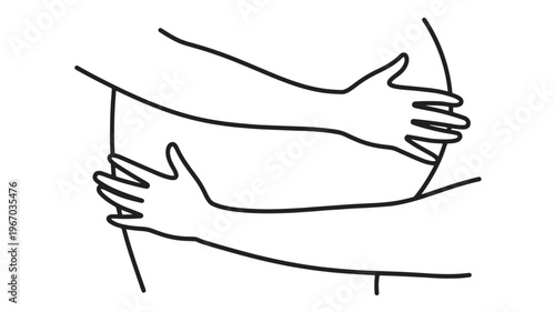 Hands gently hugging pregnant belly in minimalist outline style, symbolizing maternal care and anticipation for new life.
