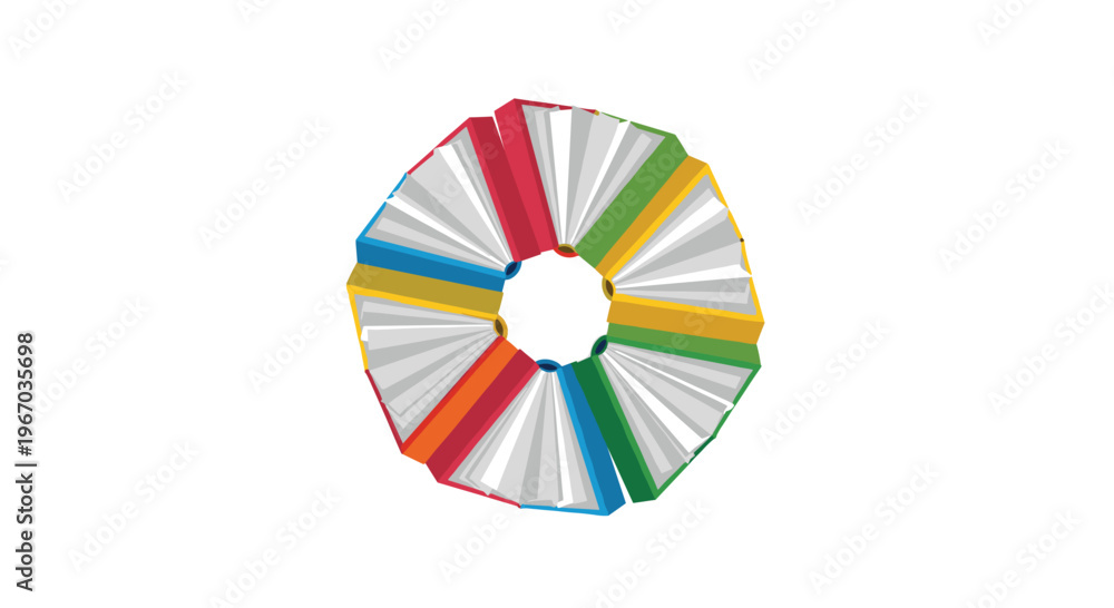 Fototapeta premium A circular arrangement of open, colorful books forms an 'O' shape with visible pages on a white background.
