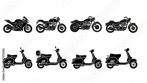 Comparison of Different Types of Motorcycles and Scooters in Black Silhouette Style for Vehicle