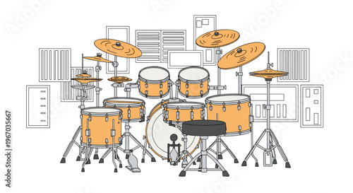 A detailed illustration of a full drum kit with a stool and various cymbals is set against a background of outlined rectangular shapes.