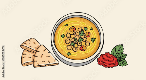 Delicious bowl of hummus with pita bread and red paste