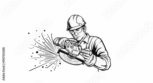 Craftsman wearing safety gear using an angle grinder, sparks flying