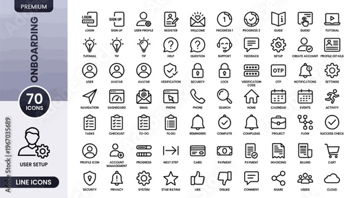 A comprehensive collection of premium onboarding icons for user setup and interface design Ai, eps, jpg, transparent background, eps