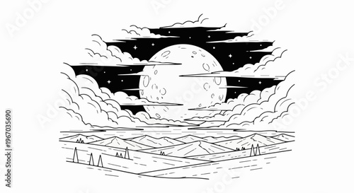 Detailed monochrome illustration of a large moon with craters, surrounded by dramatic clouds and stars, above a layered mountainous landscape with sparse trees