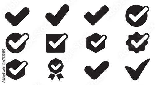Set of solid check mark icons in various styles and shapes for confirmation or completion vector
