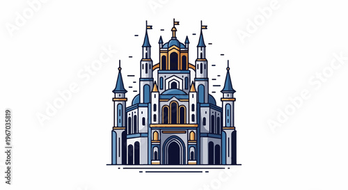 Elaborate, ornate castle with multiple towers and flags, in blue and gold