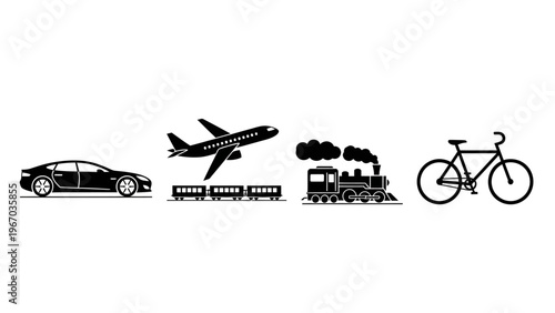 Different modes of transportation illustrated in a minimalistic black silhouette sequence