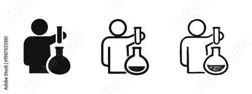 Set of three hand-drawn scientist with flask icons, black and white vector for laboratory research and chemistry.