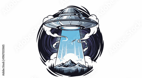 Futuristic alien spacecraft beams light down onto mountain landscape