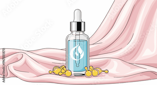 Glass dropper bottle of blue serum with capsules on pink satin fabric