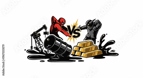 Cartoon depicts a conflict between the oil and gold industries