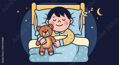 Child peacefully sleeping with teddy bear under starry night sky