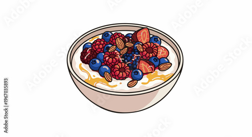 Delicious bowl of oatmeal topped with fresh berries, almonds, and drizzled with honey