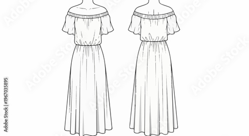 Front and back view of an off-the-shoulder, floor-length dress with short sleeves