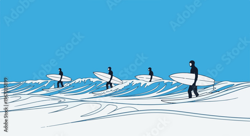 Four surfers in silhouette glide across blue waves under a clear sky