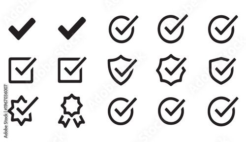 Various check mark icons and symbols signifying approval and verification in diverse styles