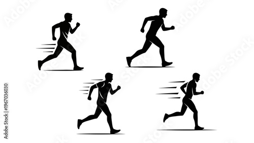 Dynamic silhouettes of people running in motion demonstrating fitness and athleticism in black and
