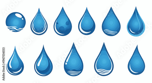 Collection of blue water drop icons with various styles and effects