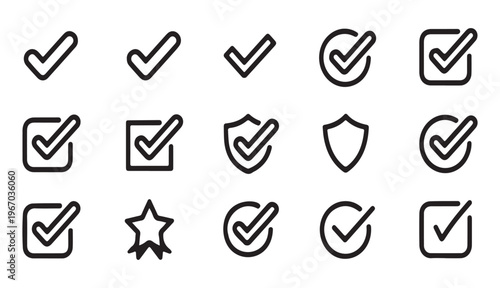 Collection of check mark icons and symbols for confirmation and approval in various designs