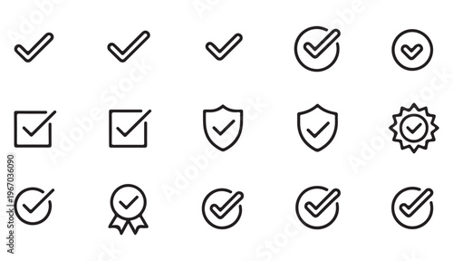 Assortment of check mark icons and symbols representing verification and completion in multiple designs