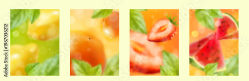 Summer gradient backgrounds with abstract blurred fruit shapes, set of vector cards. Fresh colorful defocused illustration with lemon, orange, strawberry and watermelon elements. Modern minimal design