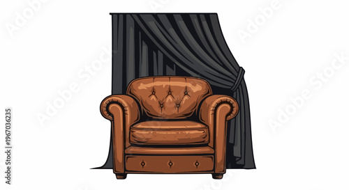 Elegant brown armchair with deep tufting and dark drapes