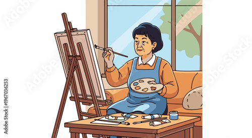 Elderly woman painting on canvas at table with art supplies
