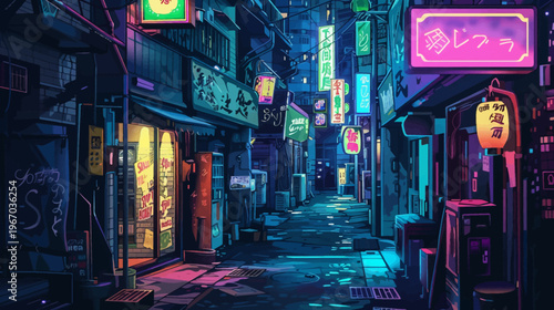 Neon lit city alley with vibrant signs and atmospheric lighting illustration