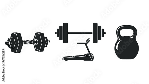 Exercise and Fitness Equipment Icon Set Including Dumbbells Weight Bench and Kettlebell