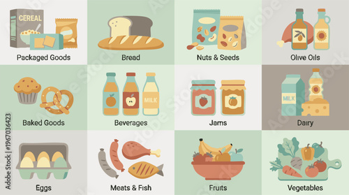 Healthy eating food groups with flat design illustrations