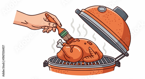 Hand bastes juicy rotisserie chicken on an open grill with steam rising