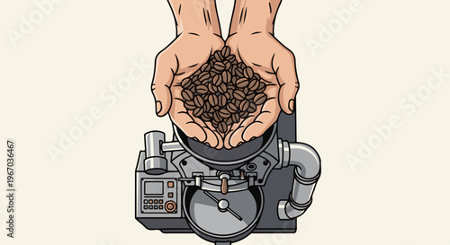 Hands hold freshly roasted coffee beans over a professional roasting machine