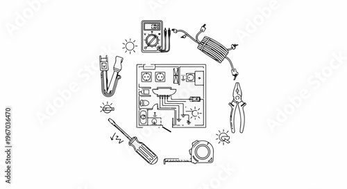 Electrical schematic with tools pliers, screwdriver, tape measure, tester, wires