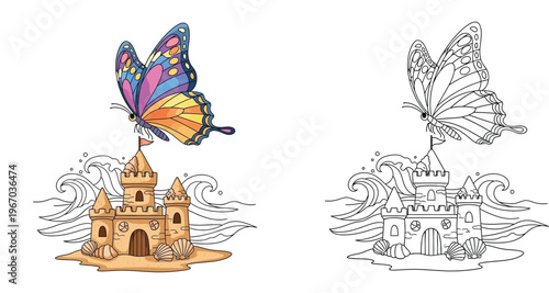 Butterfly on Sandcastle at the Beach Coloring Page for Kids with Color Example and Vector Line Art Illustration