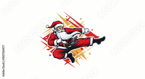 Festive Santa Claus performing a dynamic martial arts kick in action pose