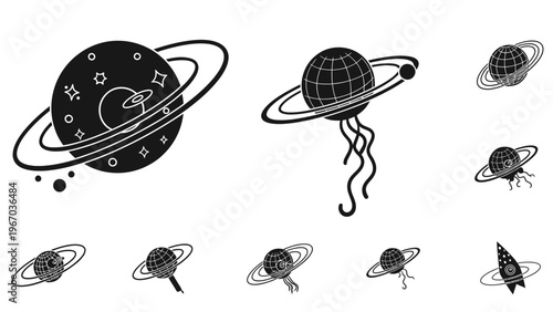 Futuristic Space and Planetary Objects Illustration with Diverse Celestial Forms