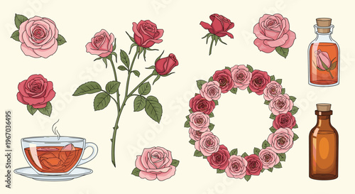 Collection of rose-themed wellness items including tea rose petals a wreath and bottles of essential oil for spa day.