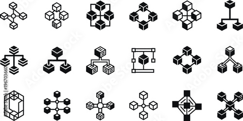 Isometric abstract geometric shapes collection black and white line art design
