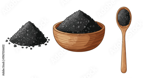 Black sea salt crystals in a pile wooden bowl and wooden spoon isolated on white background for culinary kitchen and gourmet food design.