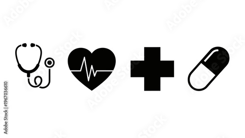 Healthcare and Medical Icons Including Stethoscope Heart Cross and Capsule Pill