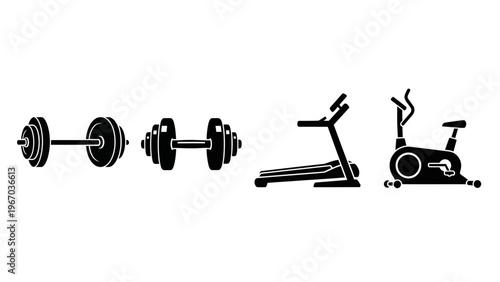 Icon Set Depicting Various Gym Equipment Including Dumbbells Treadmill and Stationary Bike