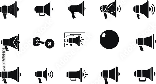 Collection of black and white megaphone icons with additional communication symbols