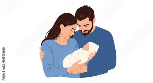 Happy young parents holding their newborn baby in a warm embrace isolated on white background for family motherhood and parenthood concept.