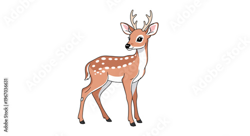 Cute cartoon deer with white spots and small antlers standing gracefully isolated on white background for forest and wildlife theme design.